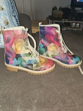 Multicolor Geometric Lace-Up Combat Boots - Women's Moto Style